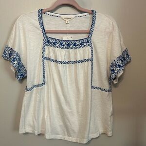 Lucky Brand White Boho Top with Blue Embroidered Trim
